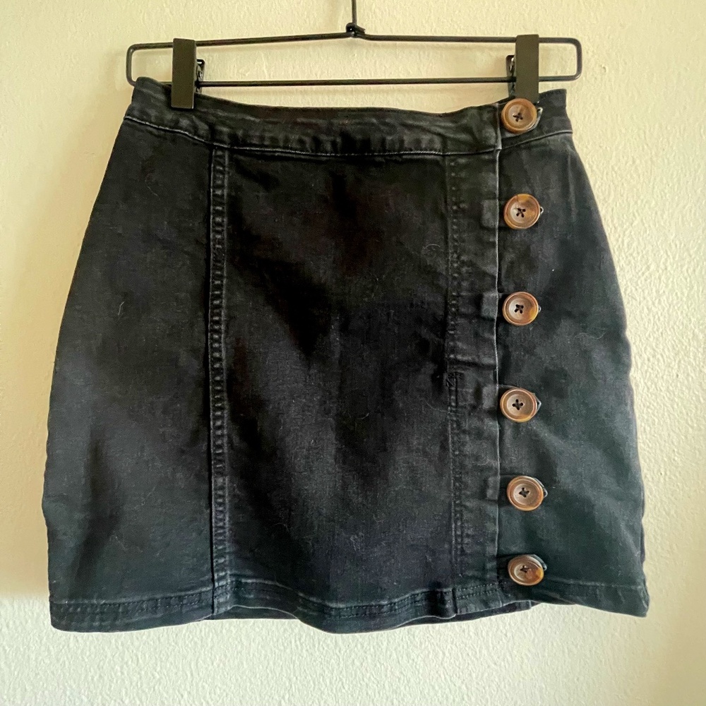 Black Denim Button Mini Skirt